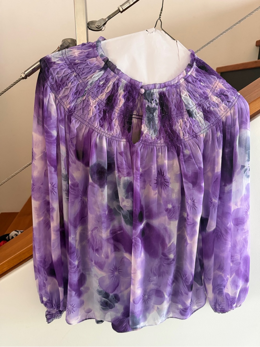 White House Black Market Purple Floral Smocked-Yoke Blouse